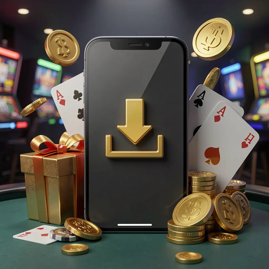 558HB casino app download concept showing a smartphone with a download icon surrounded by golden coins, a gift box, and playing cards in a modern mobile gaming atmosphere