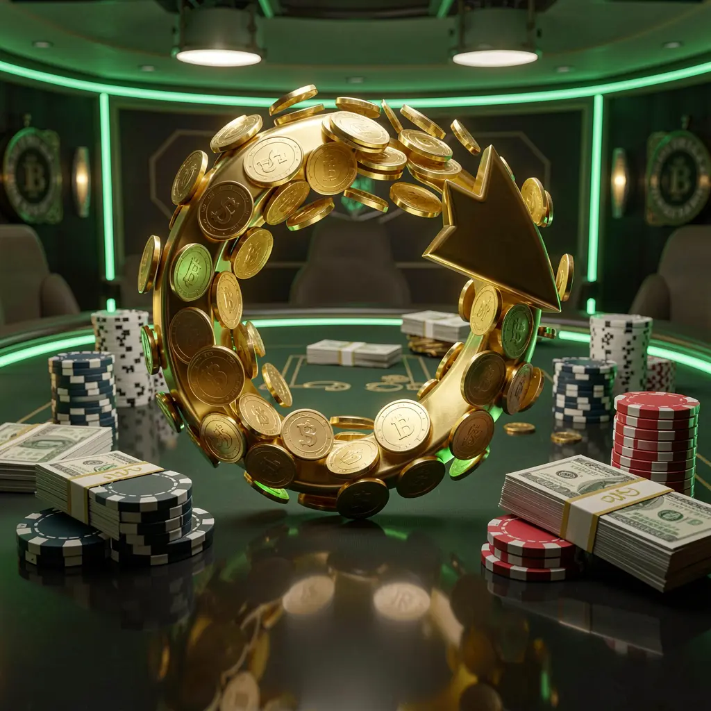 558HB casino cashback bonus visual showing golden coins returning in a circular arrow motion with poker chips and cash bundles on a glossy dark table featuring glowing green and gold accents in a premium online casino style
