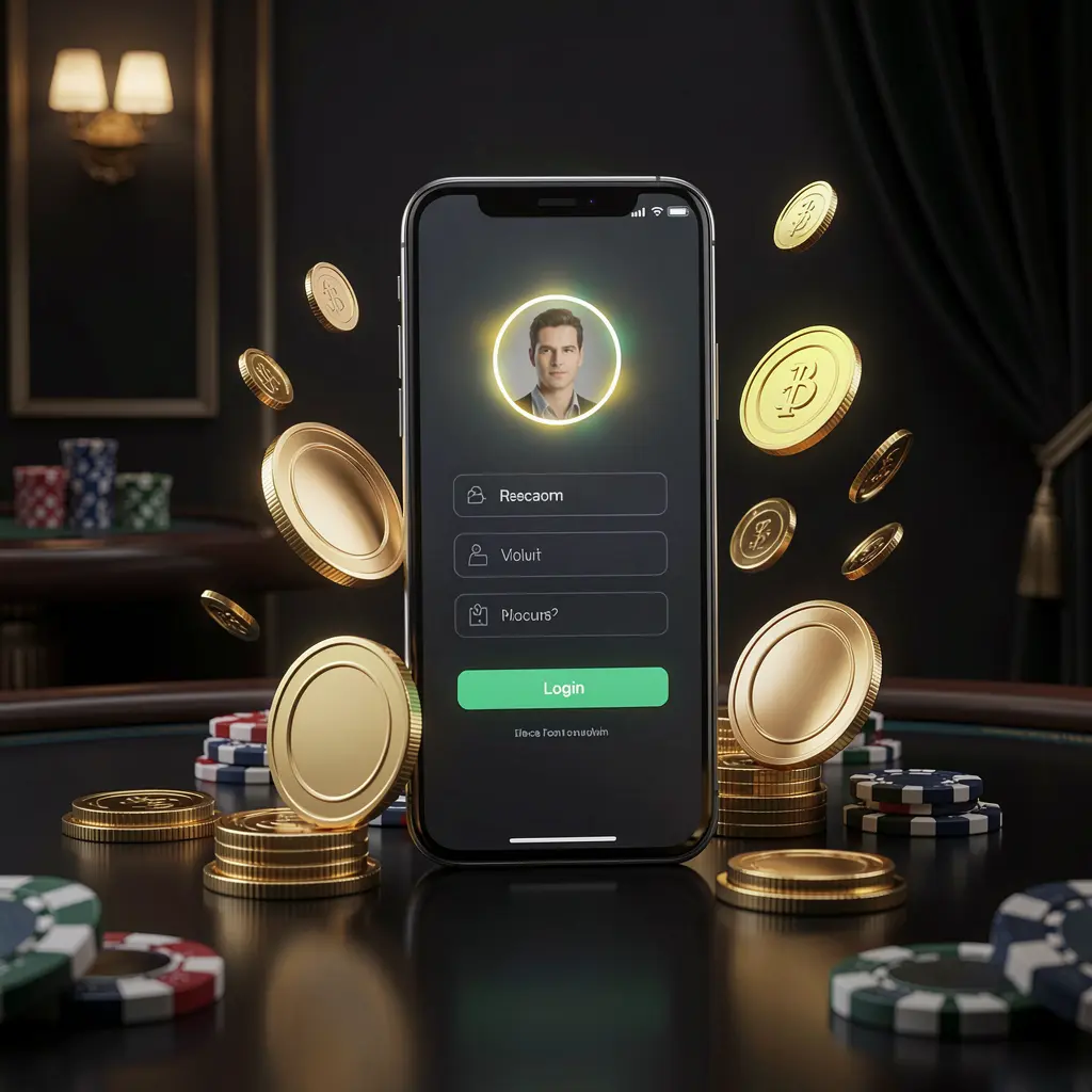 558HB online casino login page hero banner showing a modern smartphone with a secure login screen, glowing user profile icon, golden coins and poker chips around it on a dark luxury background