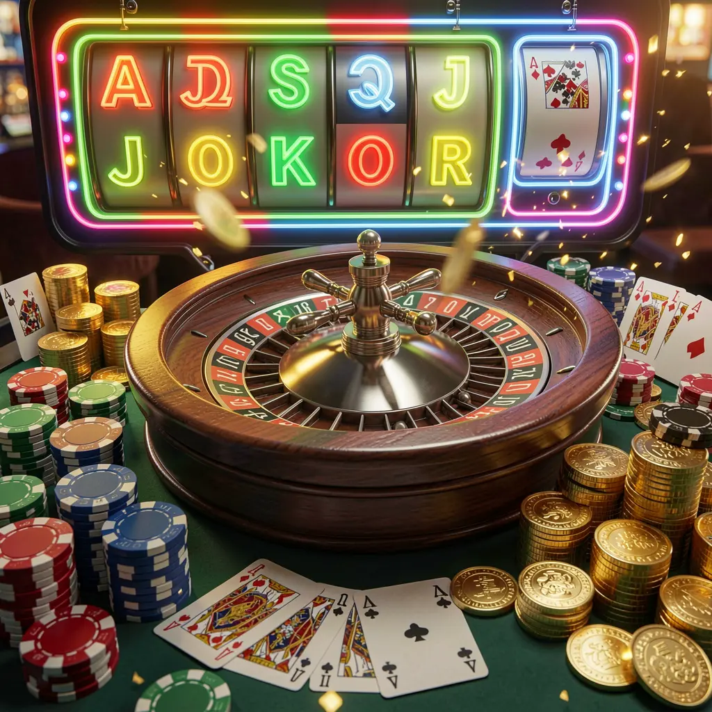 558HB casino homepage visual featuring a realistic 3D render of a roulette wheel, poker chips, playing cards, golden coins, and bright neon jackpot lights in a dynamic composition